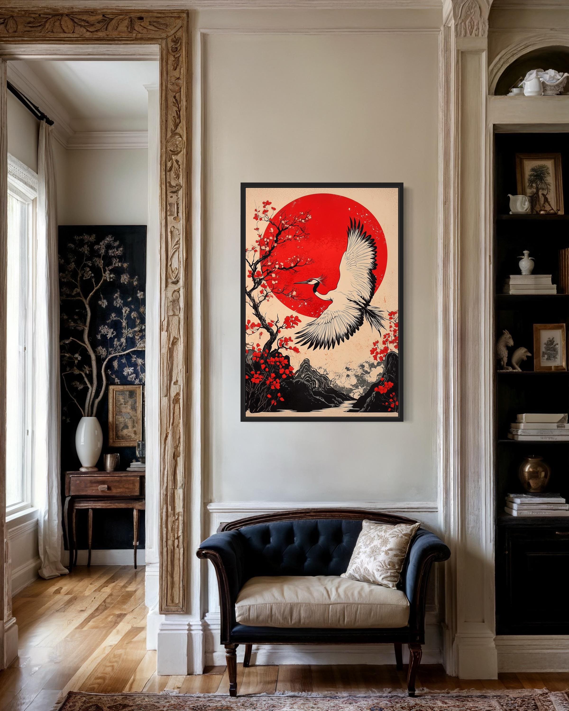Ukiyo E Crane & Maple Blossom Japanese Wall Art | Zen Decor – Wall
