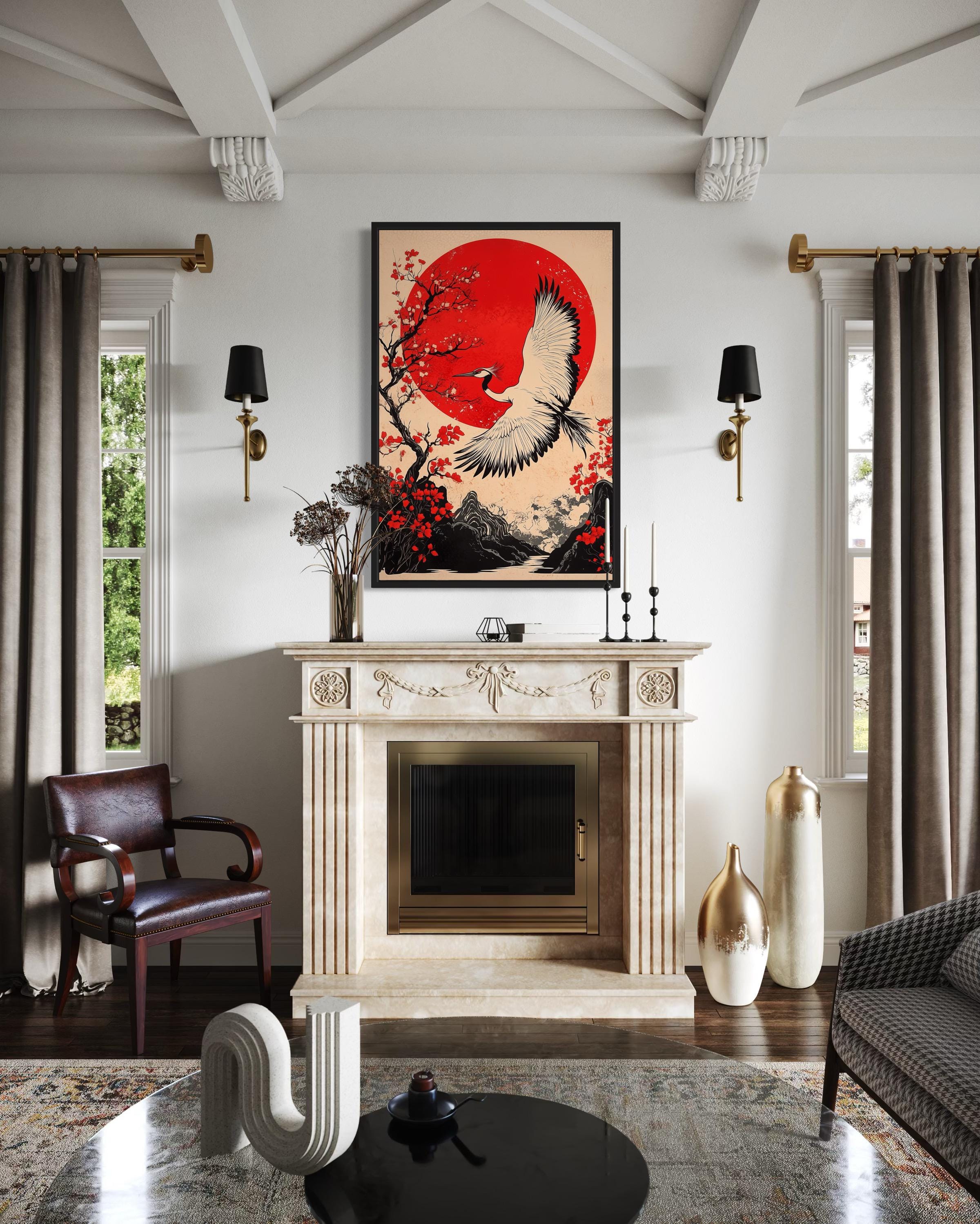 Ukiyo E Crane & Maple Blossom Japanese Wall Art | Zen Decor – Wall