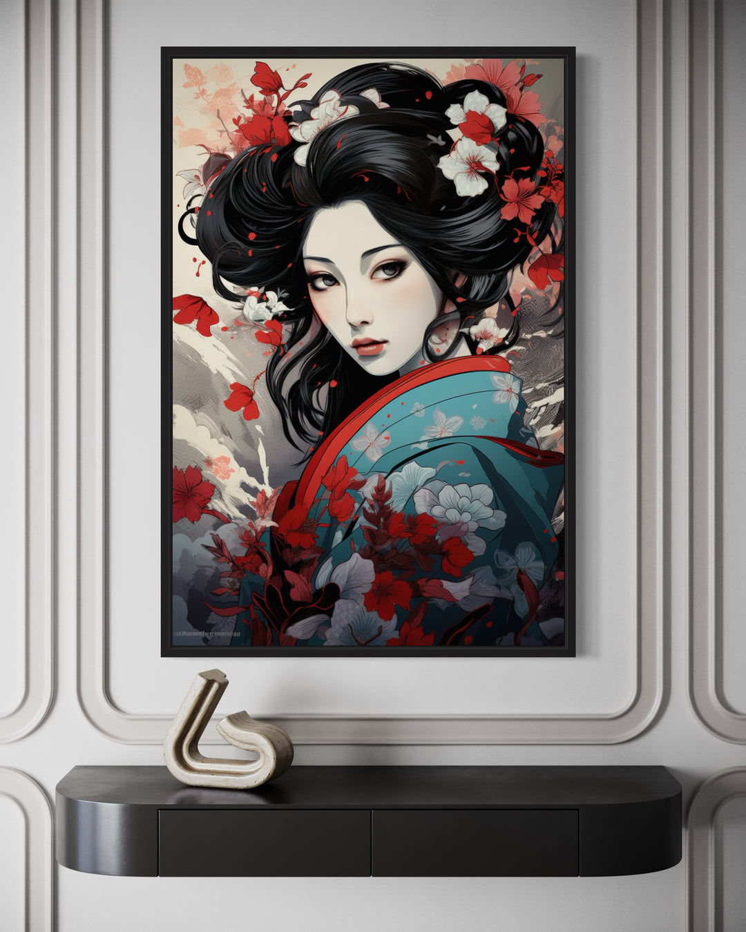 Ukiyo-e Style Geisha Portrait Framed Canvas Wall Art