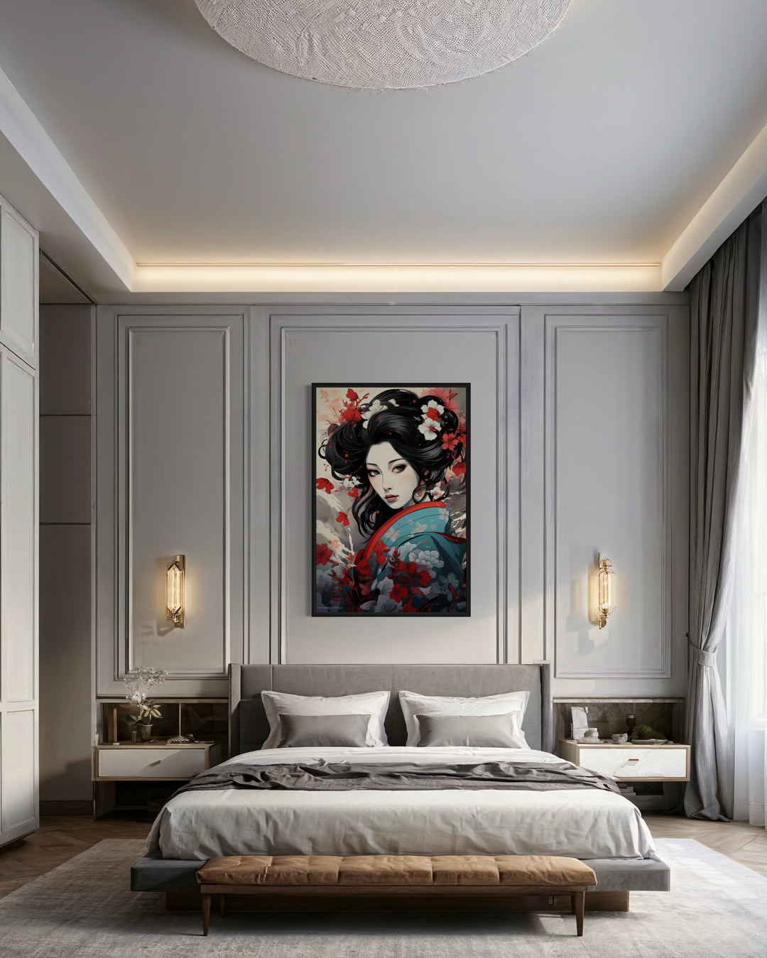 Ukiyo-e Style Geisha Portrait Framed Canvas Wall Art