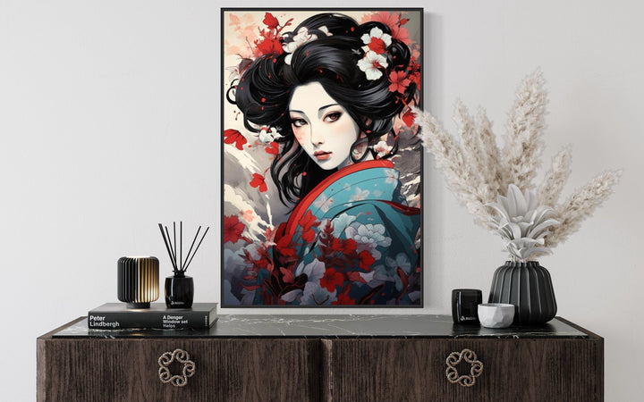 Ukiyo-e Style Geisha Portrait Framed Canvas Wall Art