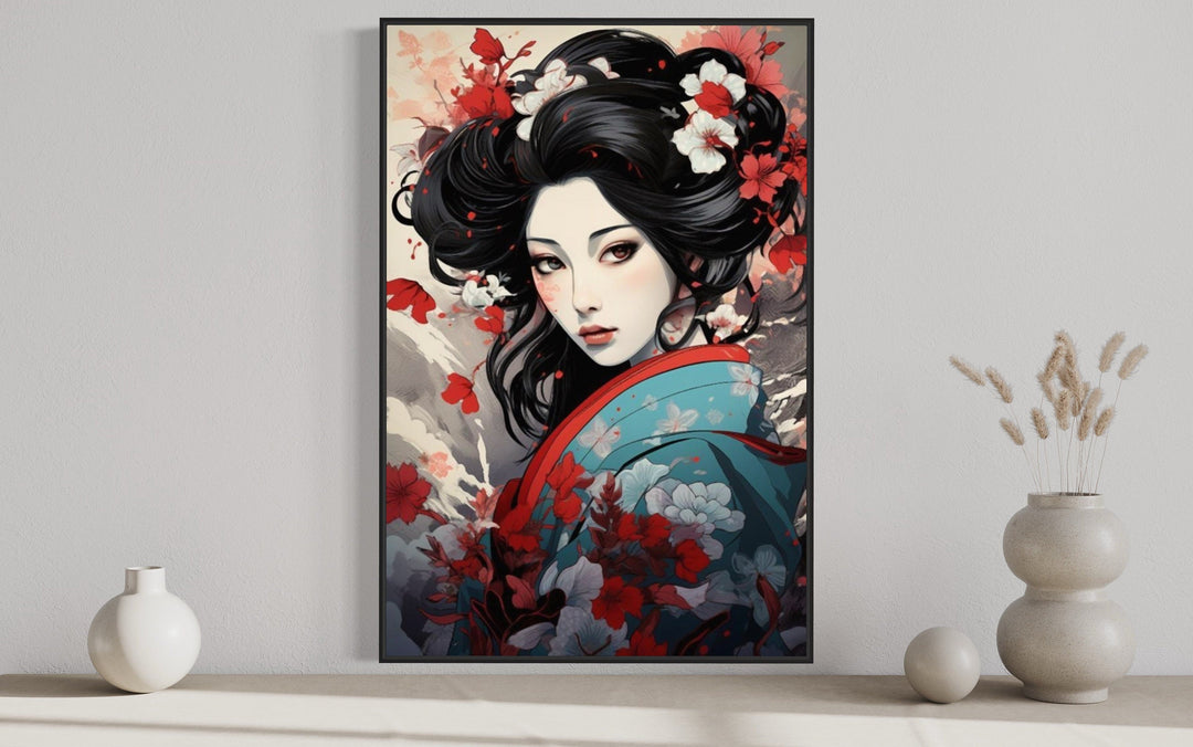 Ukiyo-e Style Geisha Portrait Framed Canvas Wall Art