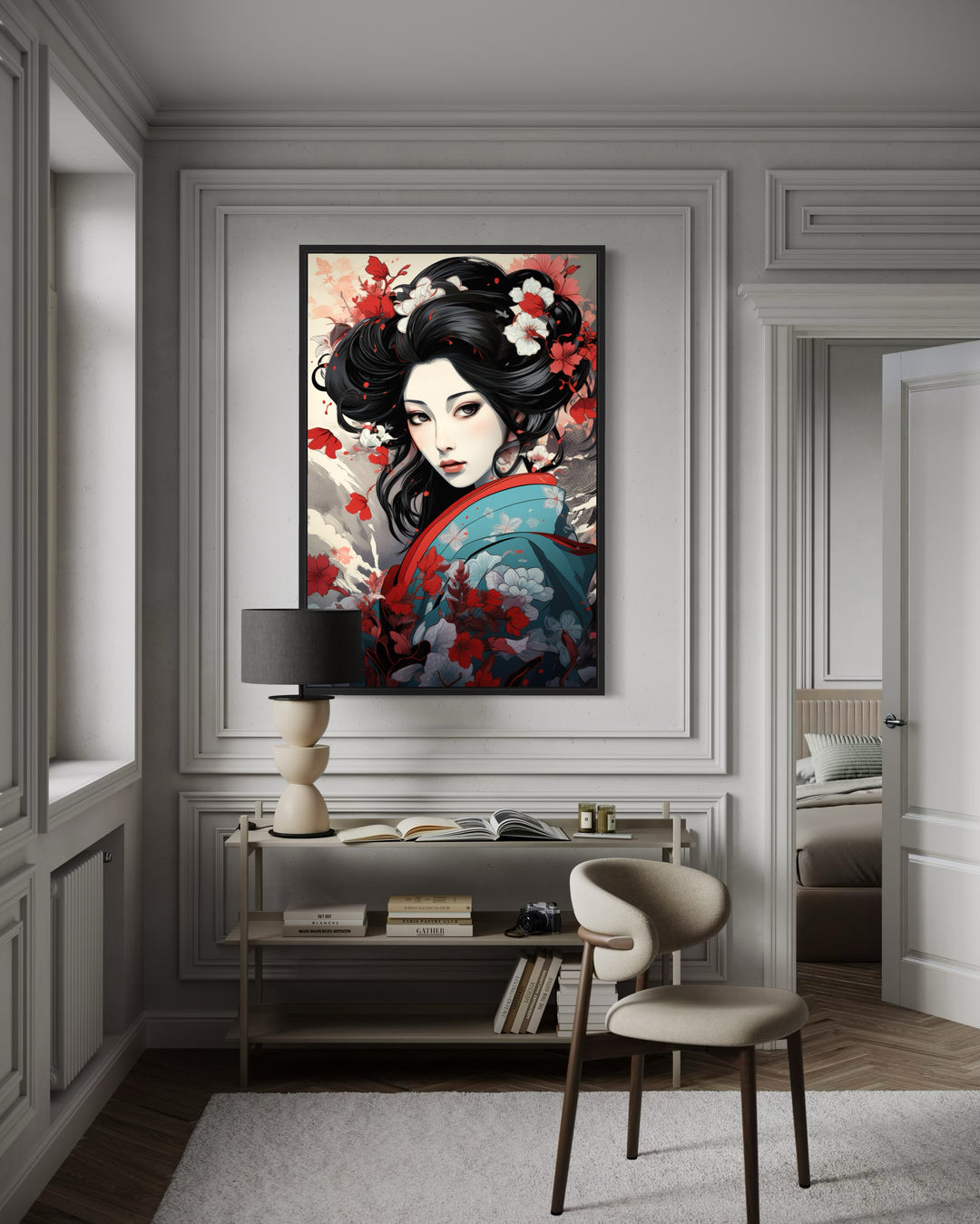 Ukiyo-e Style Geisha Portrait Framed Canvas Wall Art