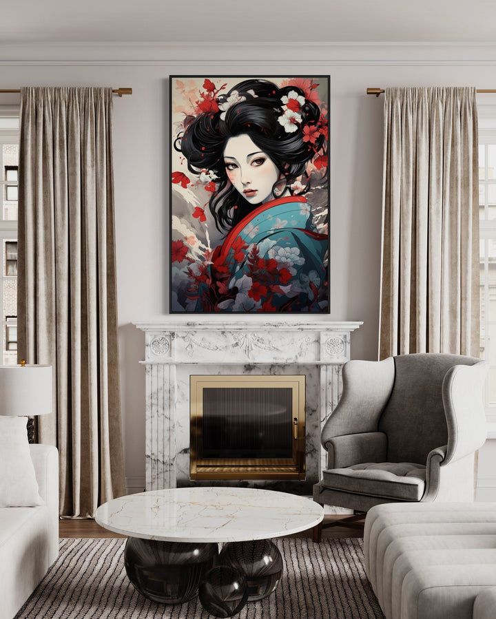 Ukiyo-e Style Geisha Portrait Framed Canvas Wall Art