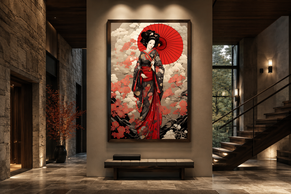 Ukiyo-e style geisha with a red umbrella framed canvas wall art in a modern interior hallway.