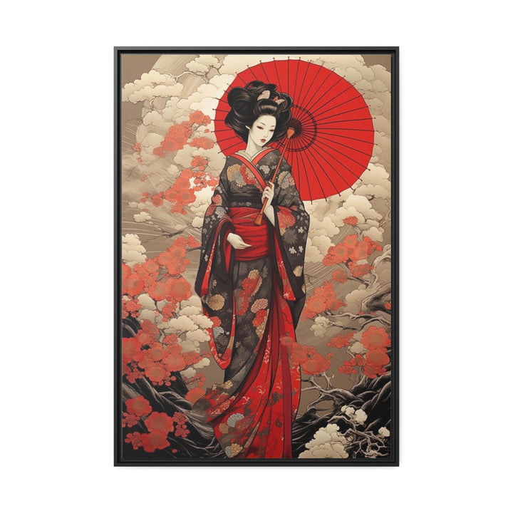 Ukiyo-e Style Geisha With Red Umbrella Framed Canvas Wall Art