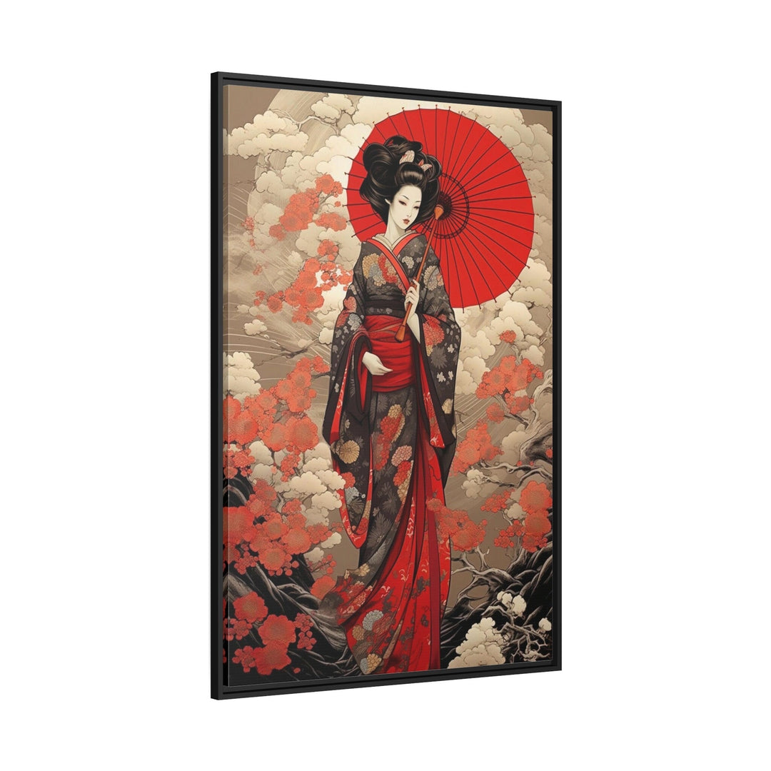 Ukiyo-e Style Geisha With Red Umbrella Framed Canvas Wall Art