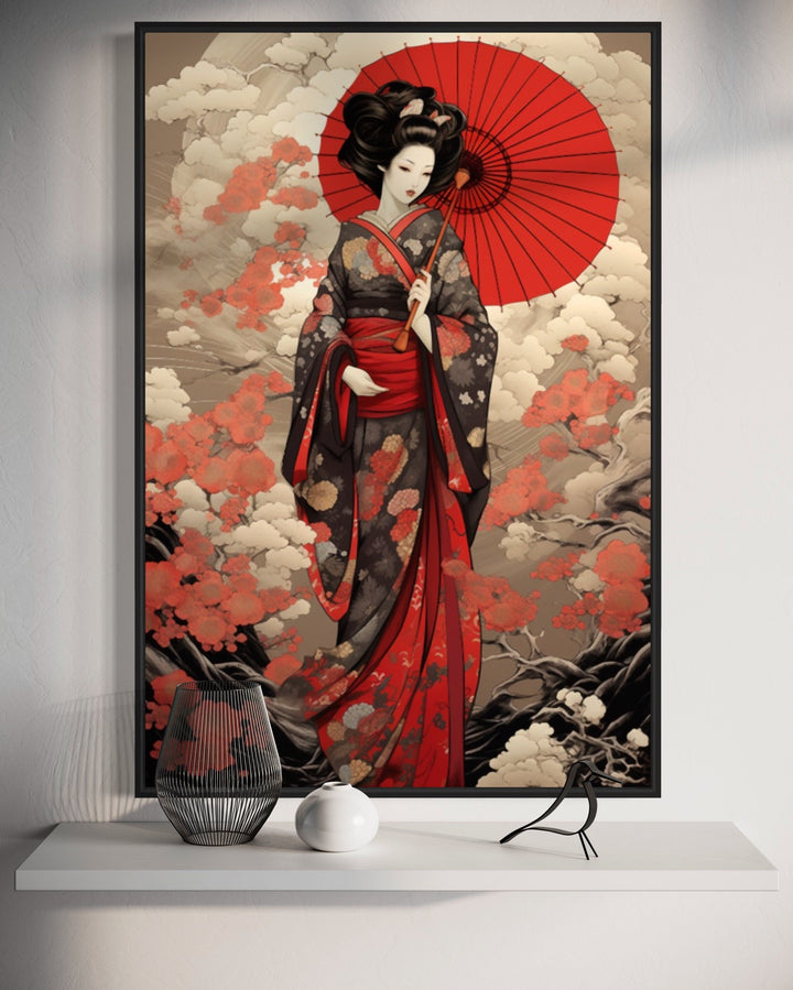 Ukiyo-e Style Geisha With Red Umbrella Framed Canvas Wall Art