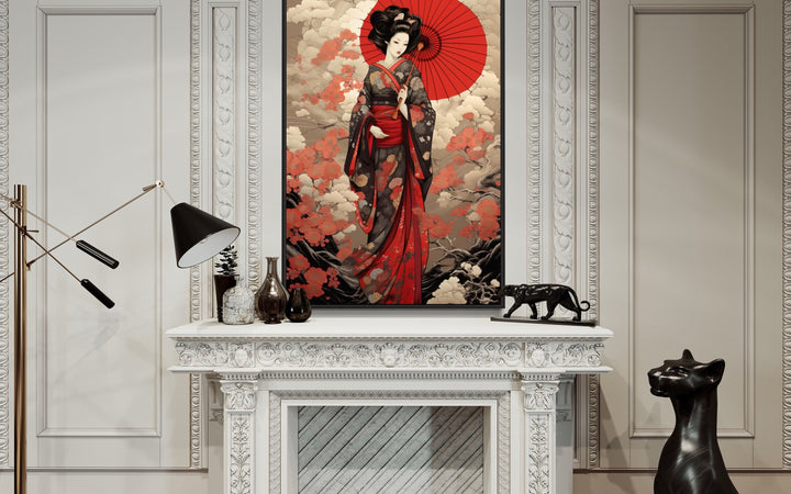 Ukiyo-e Style Geisha With Red Umbrella Framed Canvas Wall Art