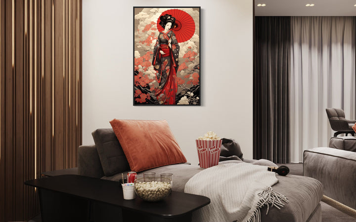 Ukiyo-e Style Geisha With Red Umbrella Framed Canvas Wall Art