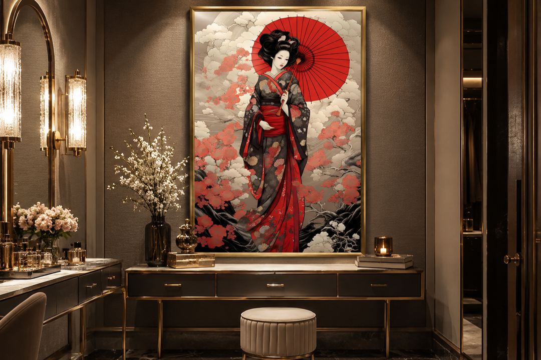 Ukiyo-e style geisha with a red umbrella framed canvas wall art hanging above a vanity table.