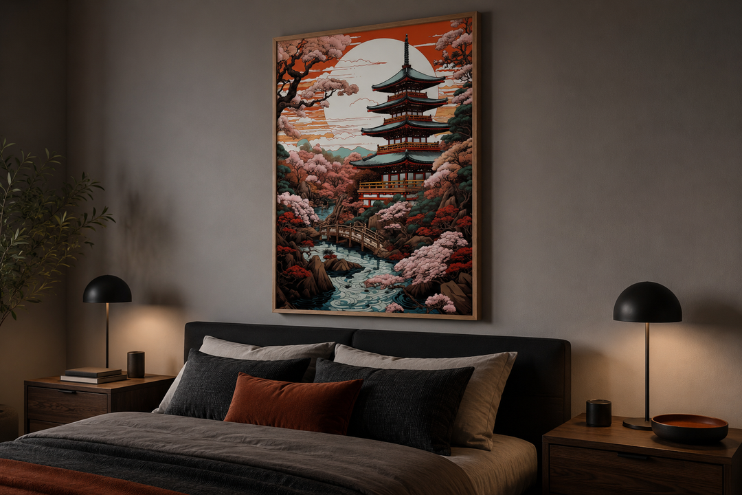 Ukiyo-e style Japanese pagoda and garden framed canvas wall art hanging above a modern bed.