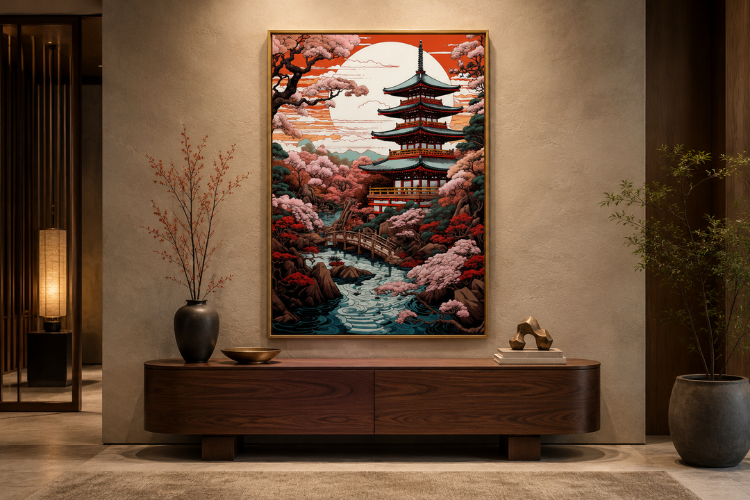 Ukiyo-e style framed canvas art of a Japanese pagoda and garden above a wooden console table.