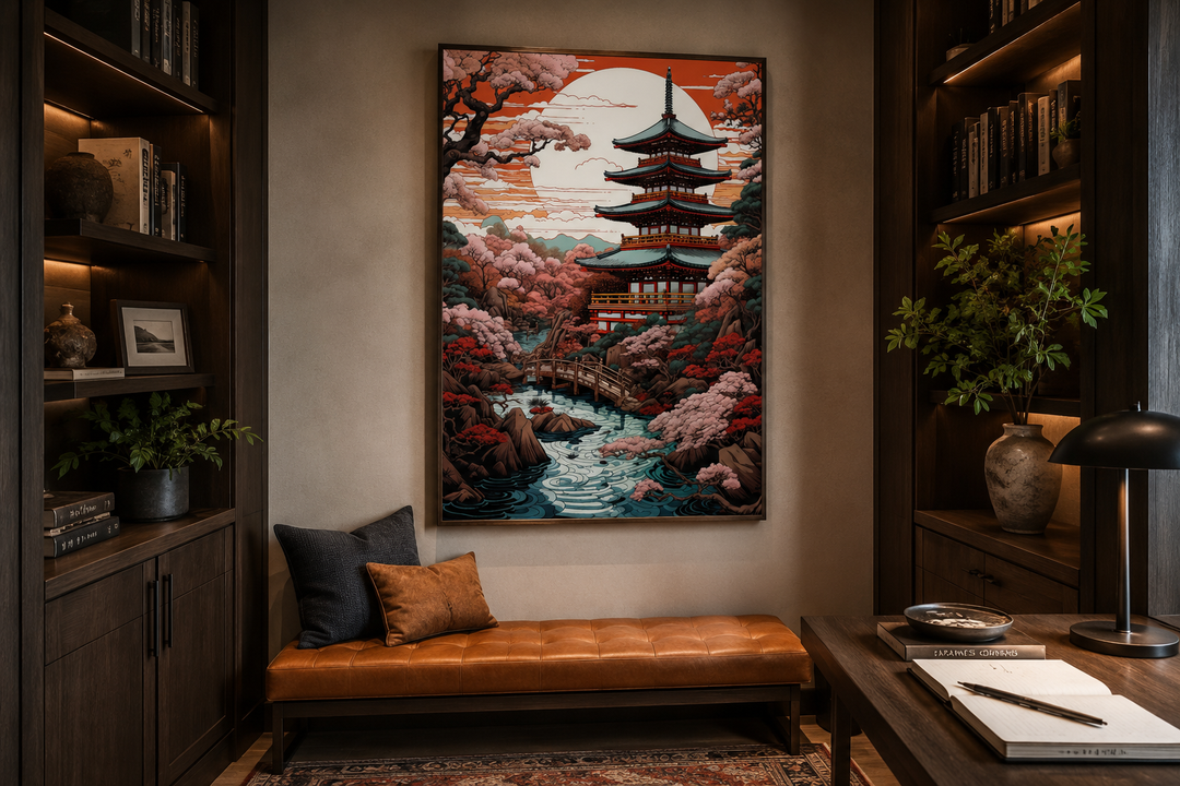 Ukiyo-e style framed canvas art of a Japanese pagoda, garden, and bridge in a modern study room.