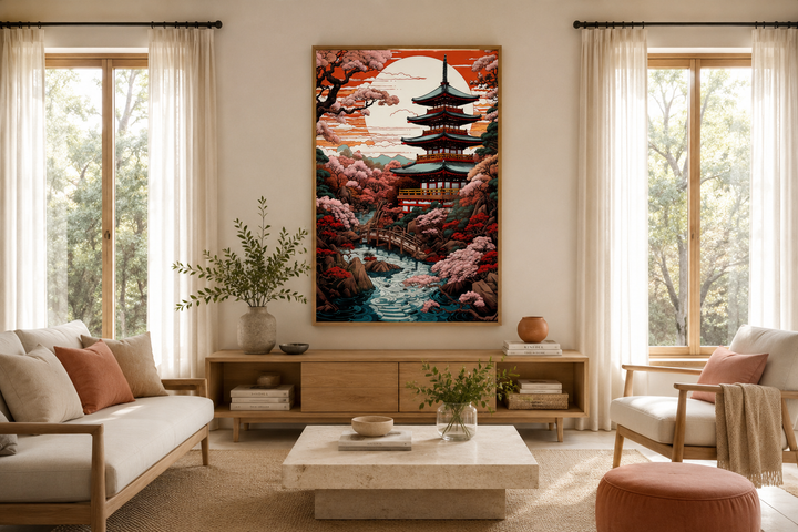 Ukiyo-e style Japanese pagoda and garden framed canvas wall art in a modern living room setting.