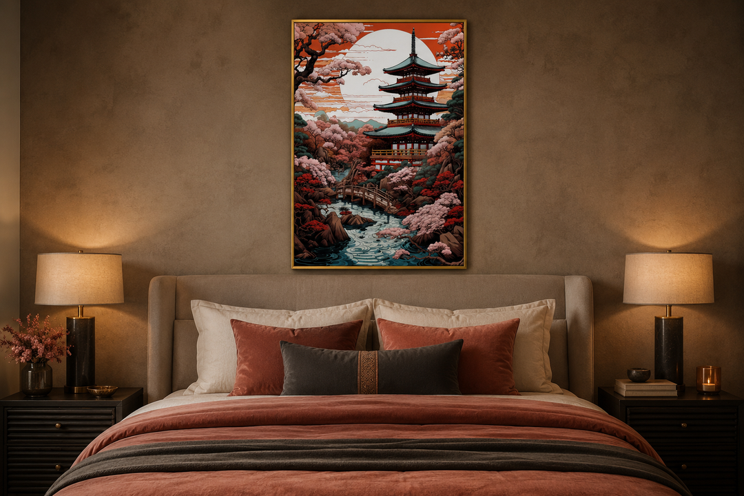 Ukiyo-e style Japanese pagoda and garden framed canvas wall art hanging above a bed.