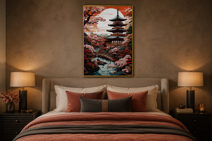 Ukiyo-e style Japanese pagoda and garden framed canvas wall art hanging above a bed.