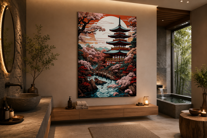 Ukiyo-e style framed canvas wall art of a Japanese pagoda and garden in a modern bathroom.