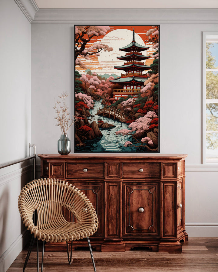 Ukiyo-e Style Japanese Pagoda And Garden Framed Canvas Wall Art