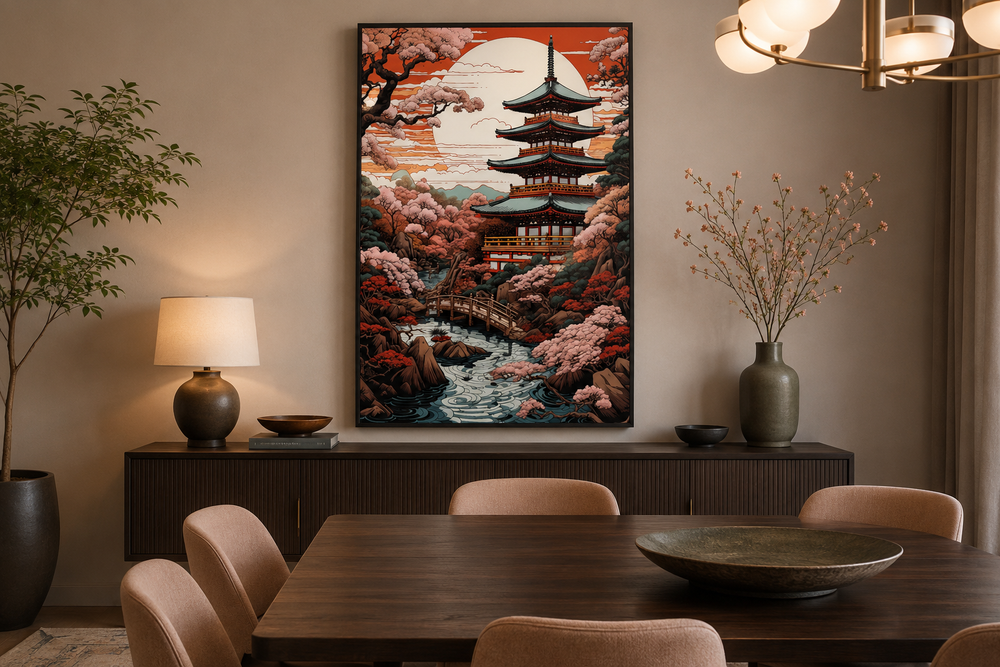 Ukiyo-e style framed canvas art of a Japanese pagoda and garden hanging above a dining room buffet.