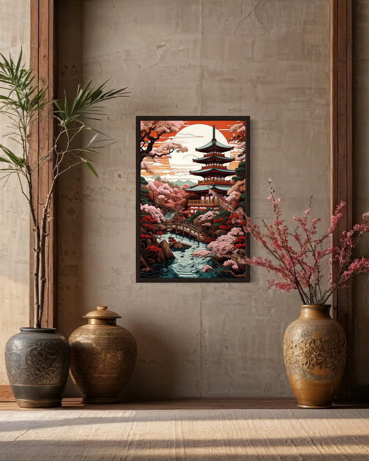 Ukiyo-e style framed canvas wall art of a Japanese pagoda and garden in a room with decor.
