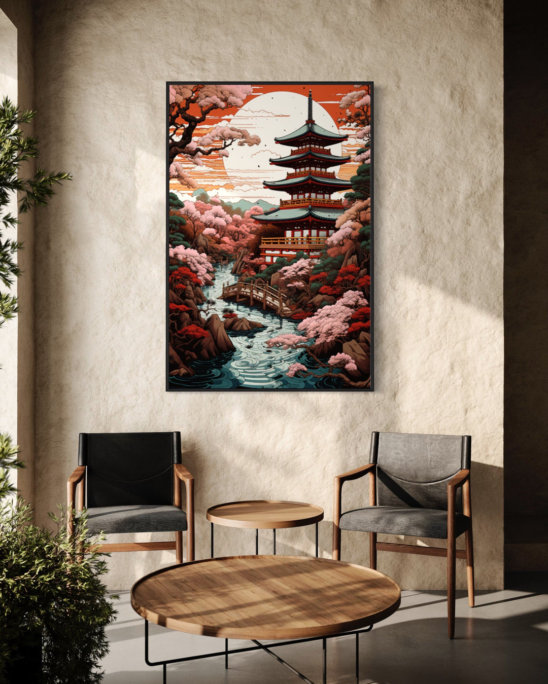 Ukiyo-e Style Japanese Pagoda And Garden Framed Canvas Wall Art