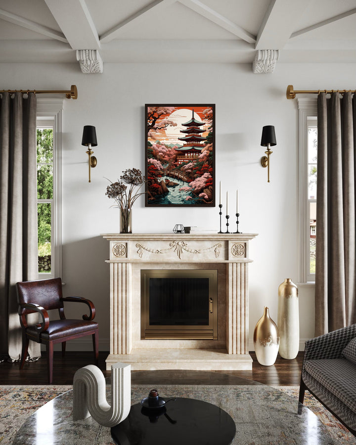 Ukiyo-e style Japanese pagoda and garden framed canvas wall art hanging above a marble fireplace.