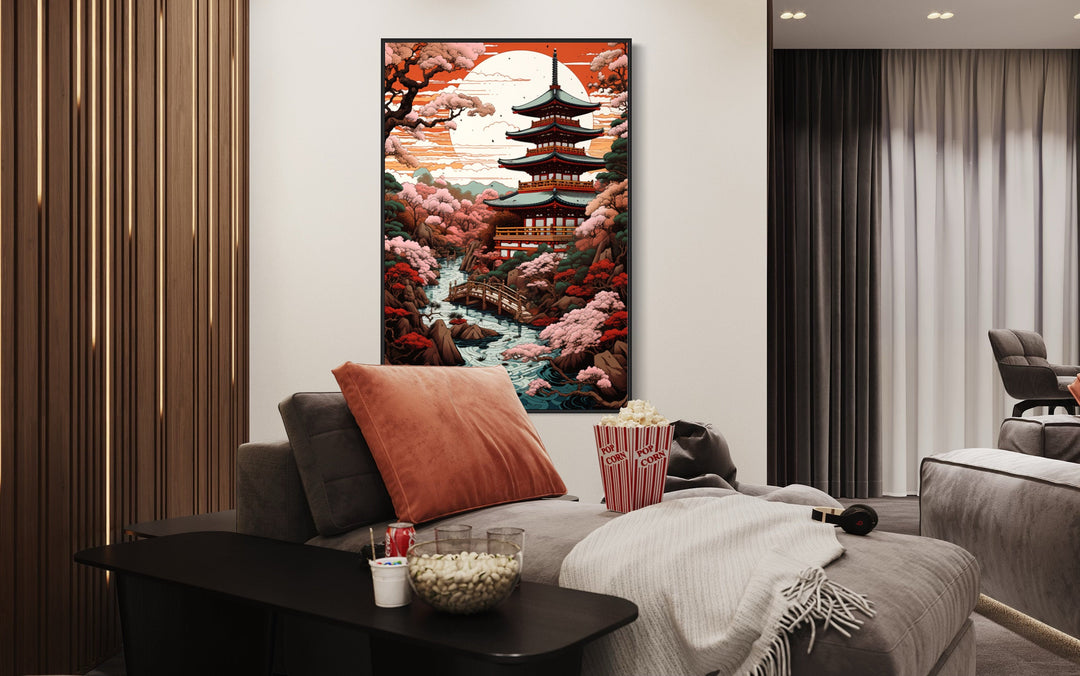 Ukiyo-e Style Japanese Pagoda And Garden Framed Canvas Wall Art