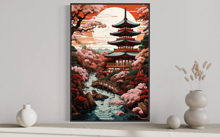 Ukiyo-e Style Japanese Pagoda And Garden Framed Canvas Wall Art