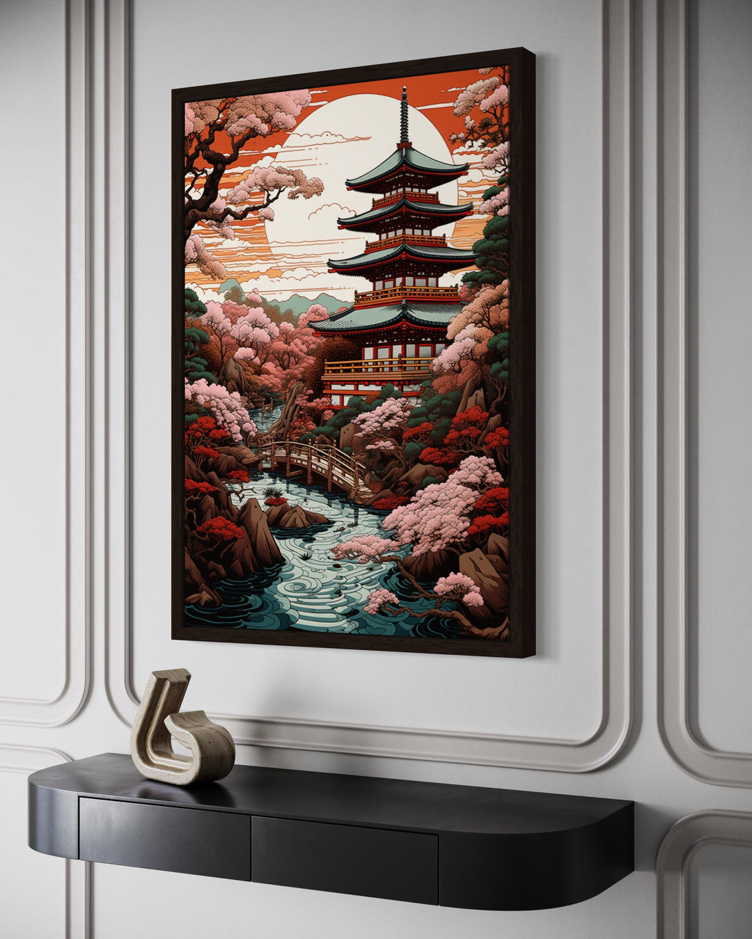 Ukiyo-e style framed canvas art of a Japanese pagoda, garden, and bridge over a stream.
