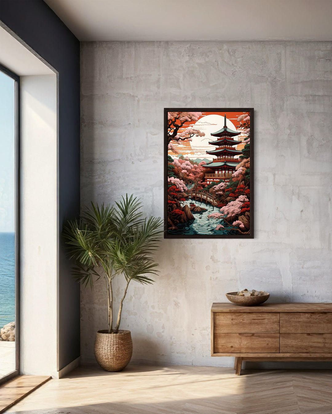 Ukiyo-e Style Japanese Pagoda And Garden Framed Canvas Wall Art