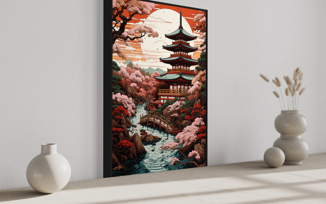 Ukiyo-e Style Japanese Pagoda And Garden Framed Canvas Wall Art