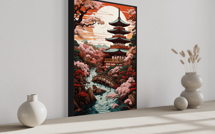 Ukiyo-e Style Japanese Pagoda And Garden Framed Canvas Wall Art