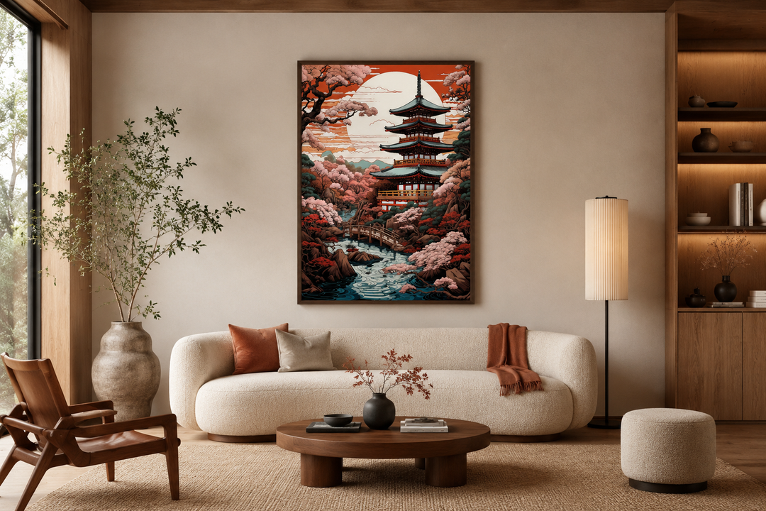 Ukiyo-e style Japanese pagoda and garden framed canvas wall art hanging in a modern living room.