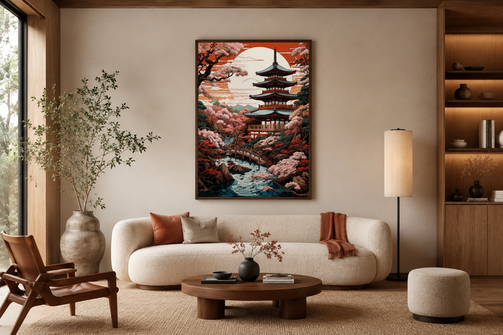Ukiyo-e style Japanese pagoda and garden framed canvas wall art hanging in a modern living room.