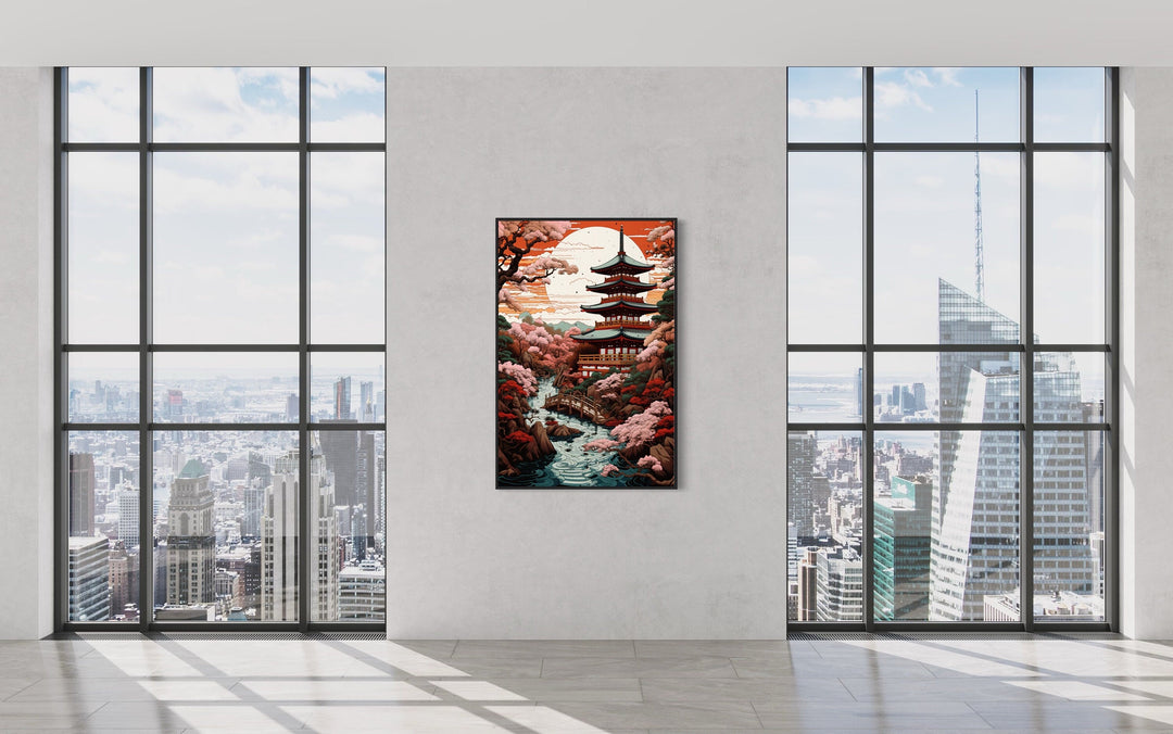 Ukiyo-e Style Japanese Pagoda And Garden Framed Canvas Wall Art