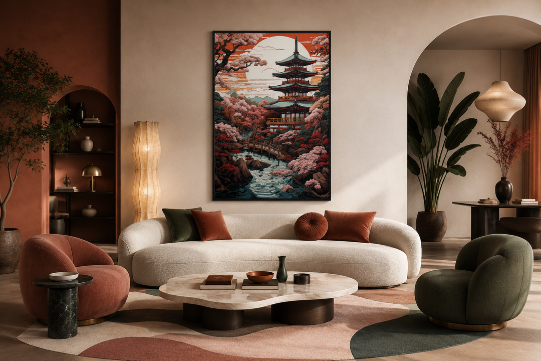 Ukiyo-e style Japanese pagoda and garden framed canvas wall art hanging above a modern white sofa.