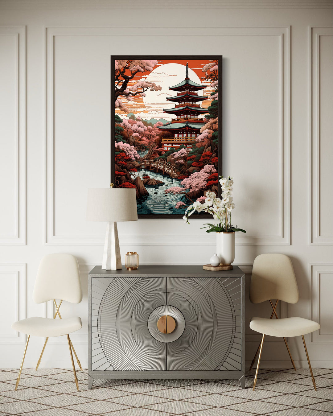 Ukiyo-e Style Japanese Pagoda And Garden Framed Canvas Wall Art