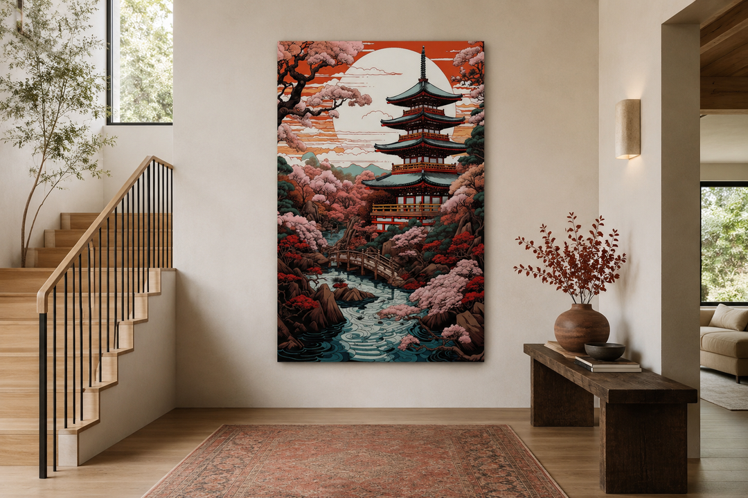 Ukiyo-e style framed canvas art of a Japanese pagoda and garden in a modern minimalist room.