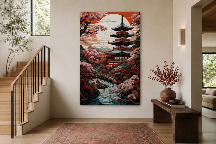 Ukiyo-e style framed canvas art of a Japanese pagoda and garden in a modern minimalist room.