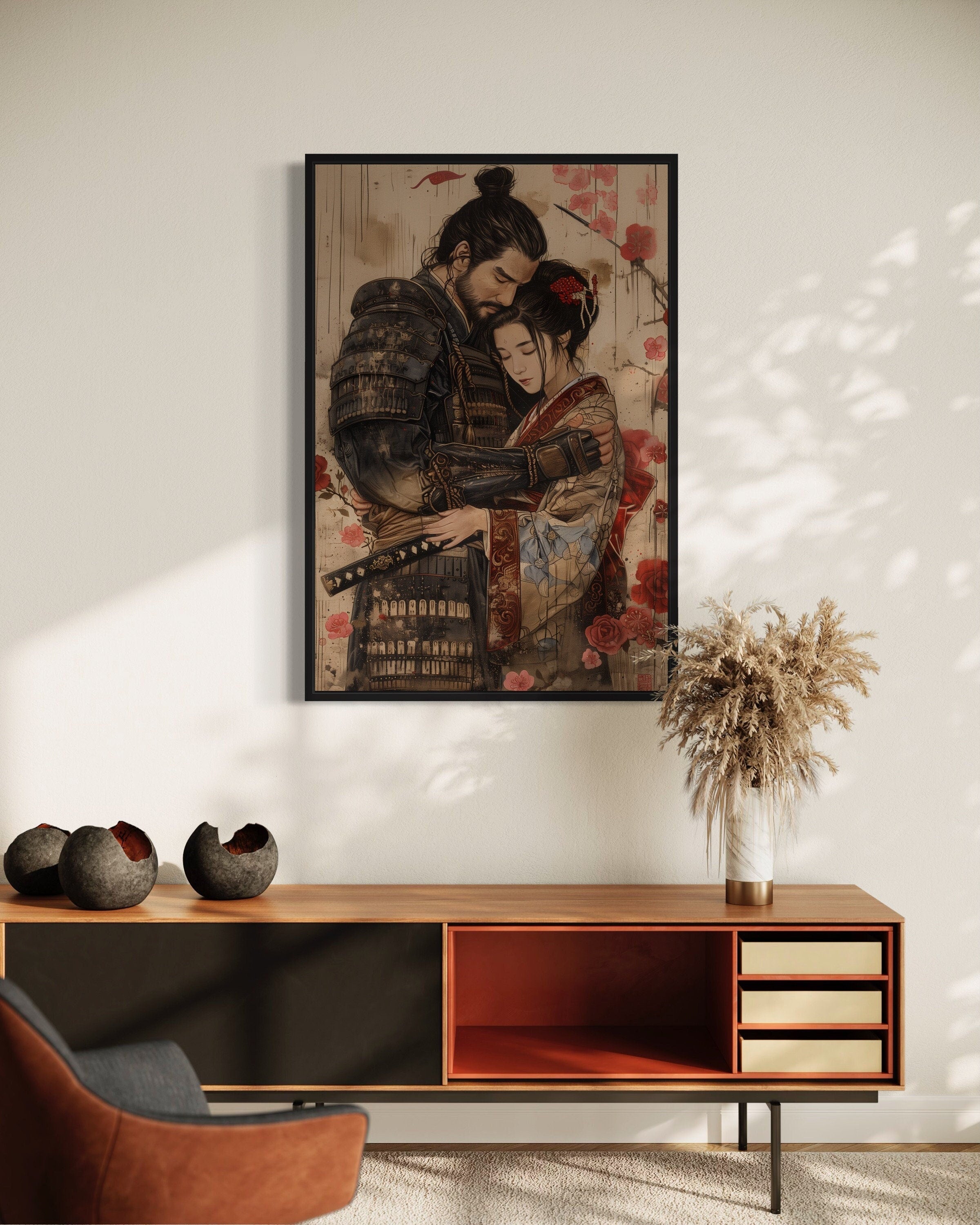 Ukiyo-e Samurai & Geisha Romantic Wall Art | Japanese Canvas