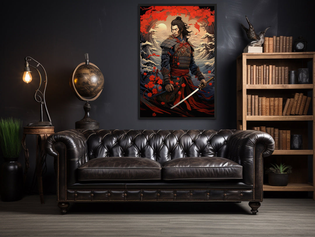 Ukiyo-e Style Japanese Samurai Framed Canvas Wall Art