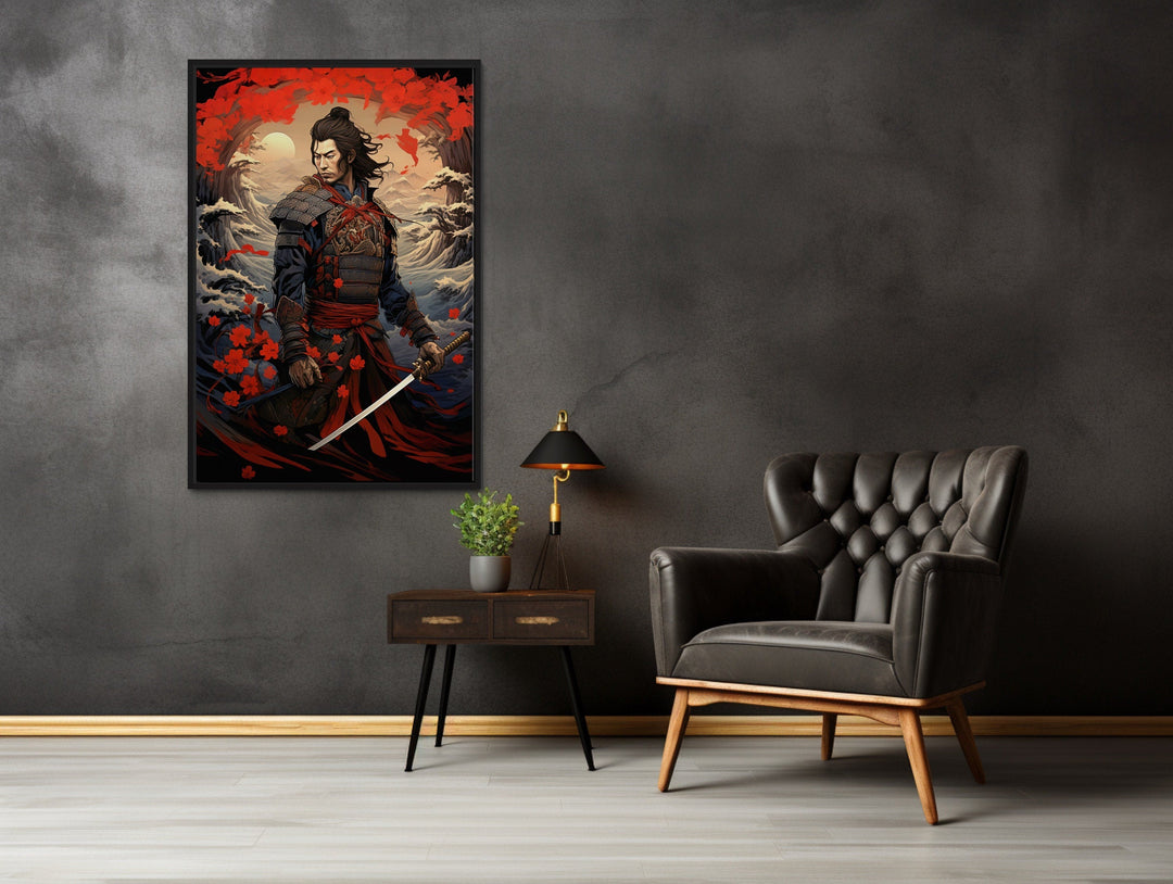 Ukiyo-e Style Japanese Samurai Framed Canvas Wall Art