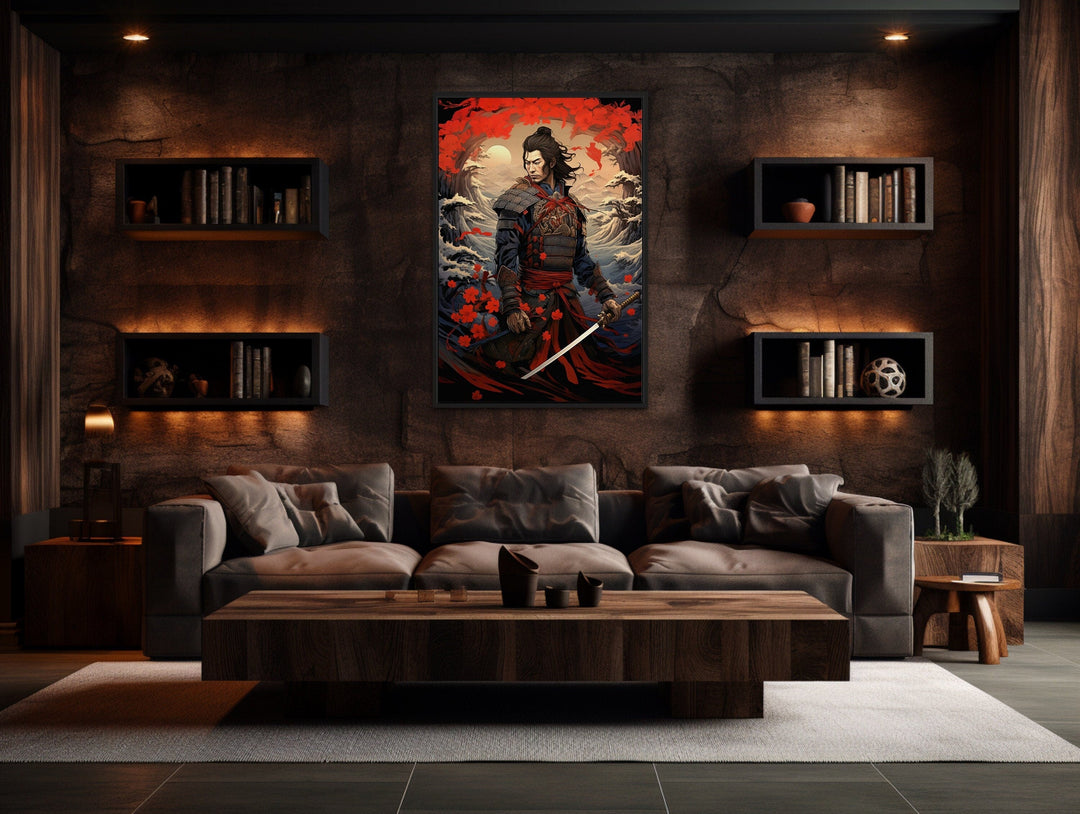 Ukiyo-e Style Japanese Samurai Framed Canvas Wall Art in man cave