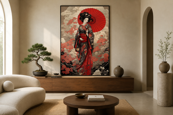 Ukiyo-e style geisha with a red umbrella framed canvas wall art in a minimalist living room.