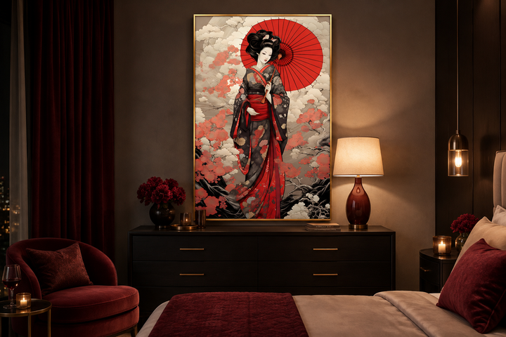 Ukiyo-e style geisha with a red umbrella framed canvas wall art hanging above a black dresser.