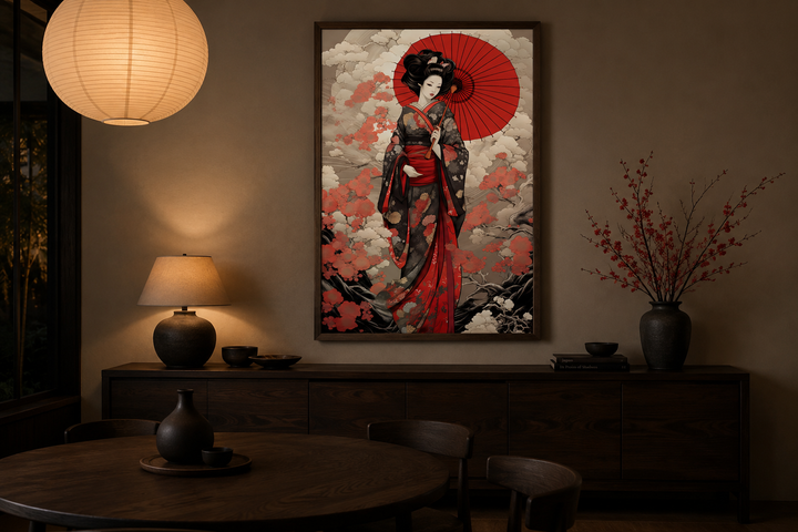 Ukiyo-e style geisha with a red umbrella framed canvas wall art in a modern Japanese dining room.