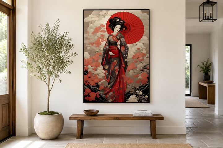 Ukiyo-e style geisha with a red umbrella framed canvas wall art hanging above a wooden bench.