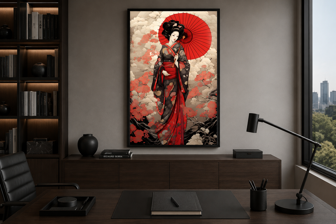 Ukiyo-e style geisha with a red umbrella framed canvas wall art in a modern office setting.