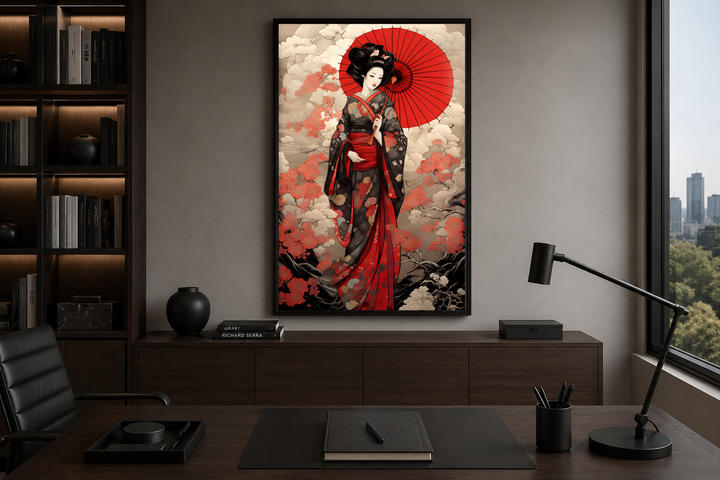 Ukiyo-e style geisha with a red umbrella framed canvas wall art in a modern office setting.